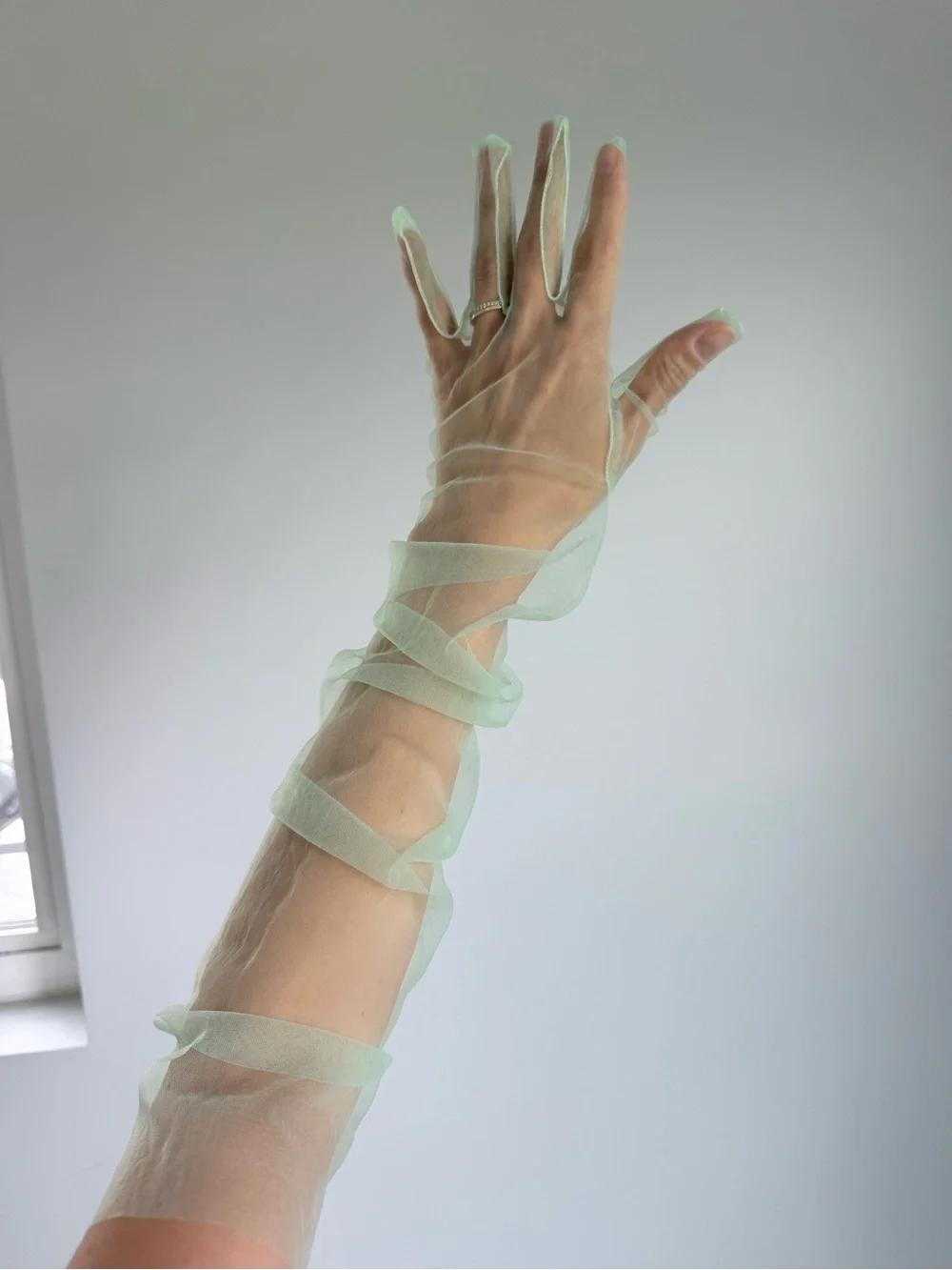 Sheer Mint Green Gloves Above Elbow